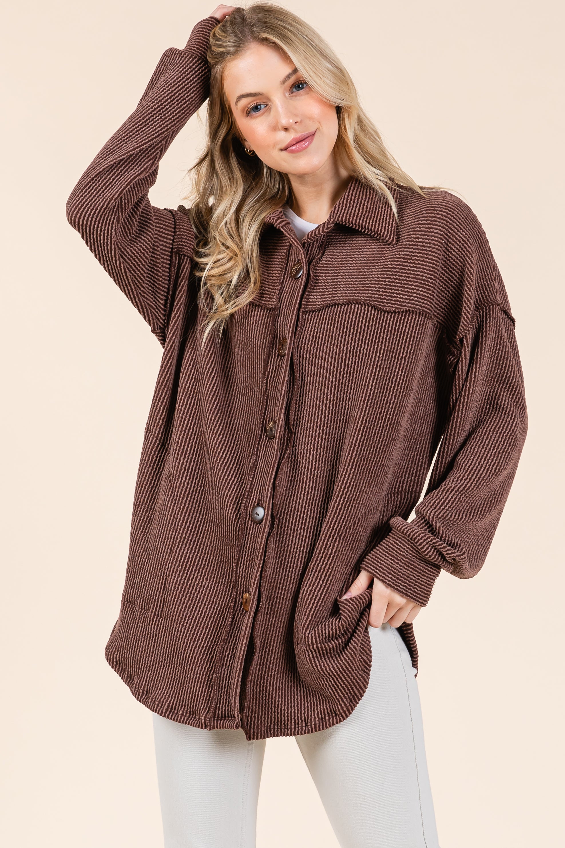 BOMBOM Checkered Button Down Dropped Shoulder Shacket
