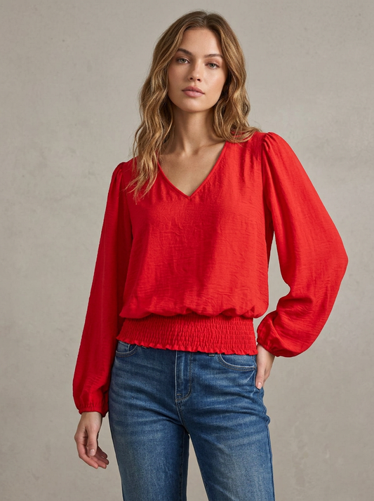 TL2132 Textured V-Neck Smocked Hem Blouse