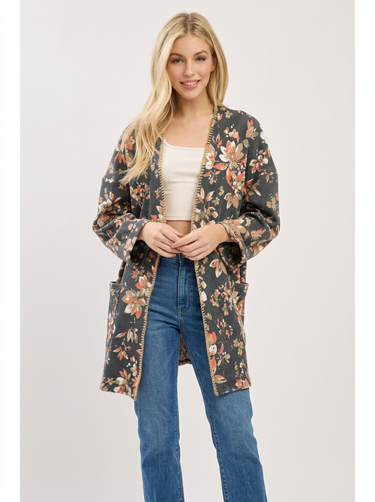 TL2133 Premium Knit Trim Open Floral Cardigan