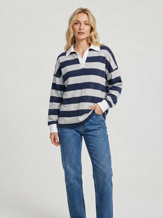TL2136 White Collared Stripes Pullover