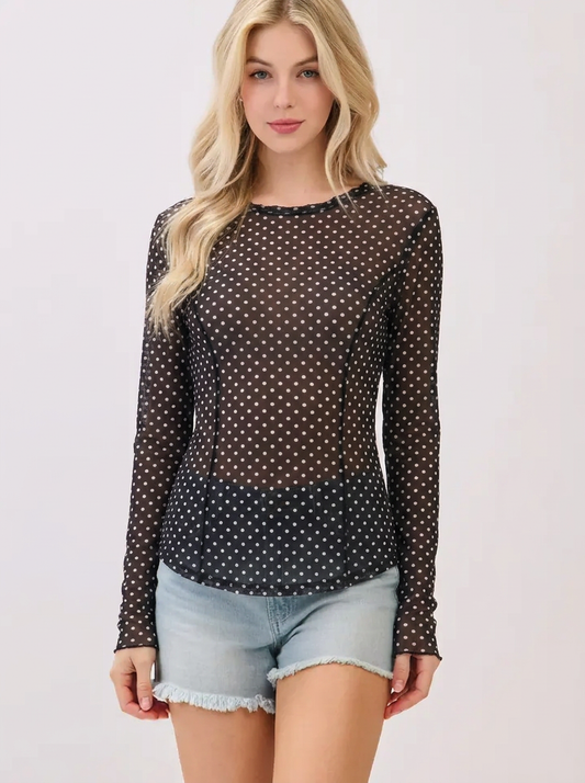TL2137 Polka Dot Print Long Sleeve Mesh Top