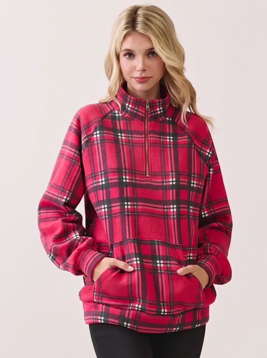 TL2146 Cozy Plaid Half-Zip Knit Pullover