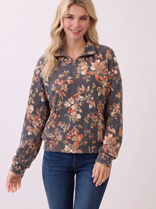TL2147 Floral Print Textured Half-Zip Pullover