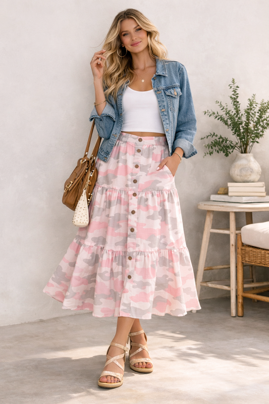 SA2062 Camo Tiered Button-Front Midi Skirt