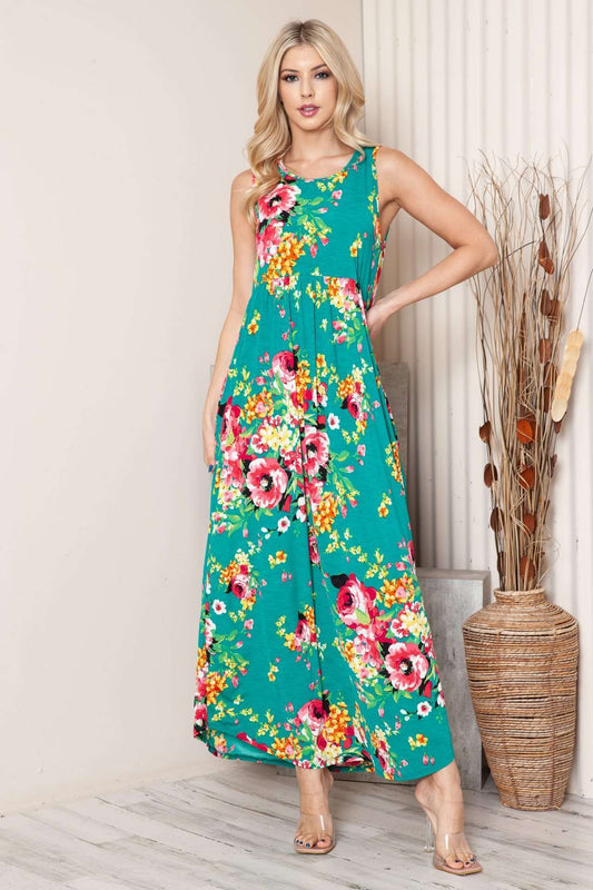 DA1411-FL FLORAL PRINT SLEEVELESS MAXI DRESS