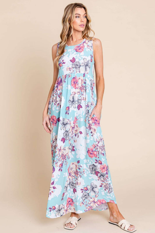 DA1411-PR FLORAL PRINT SLEEVELESS MAXI DRESS