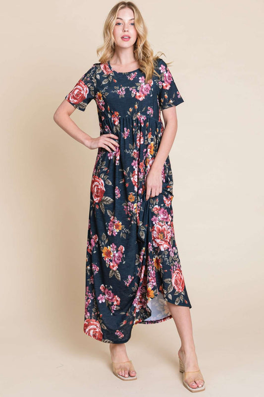 DA1511-FL FLORAL SHIRRED MAXI DRESS