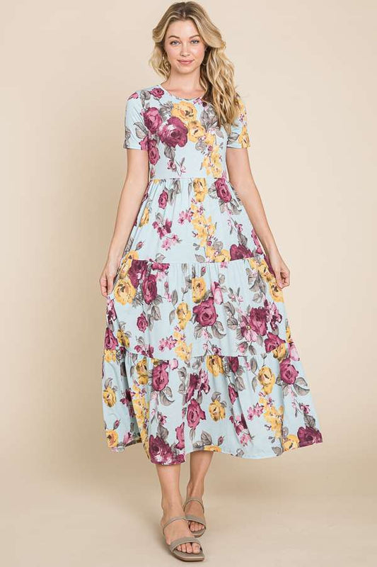 DA1541 TIERED FLORAL PRINT MAXI DRESS