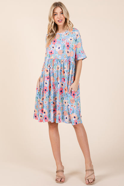 DA1598 BLUE COMBO SHIRRED DRESS