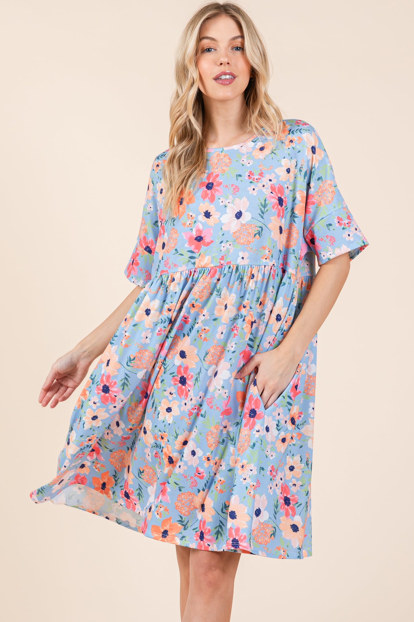 DA1598 BLUE COMBO SHIRRED DRESS