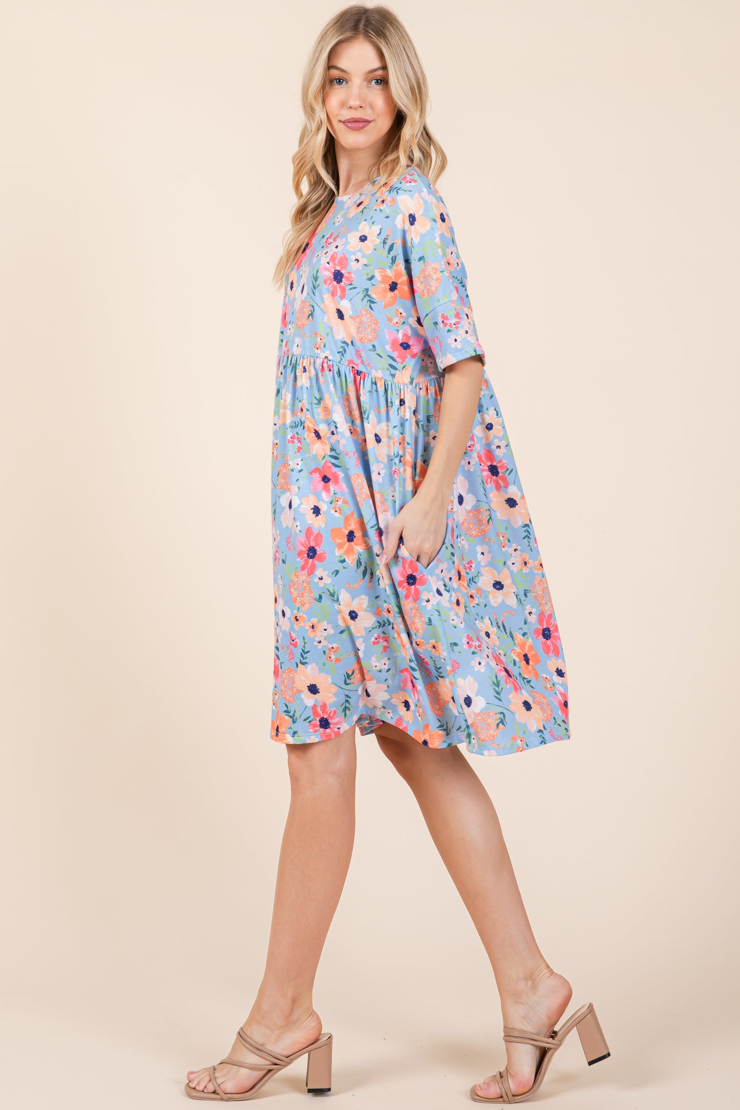 DA1598 BLUE COMBO SHIRRED DRESS