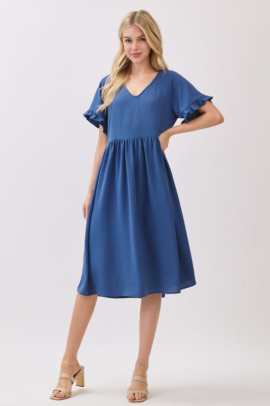 DA1635 Textured Ruffle Sleeve V-Neck Midi Dress