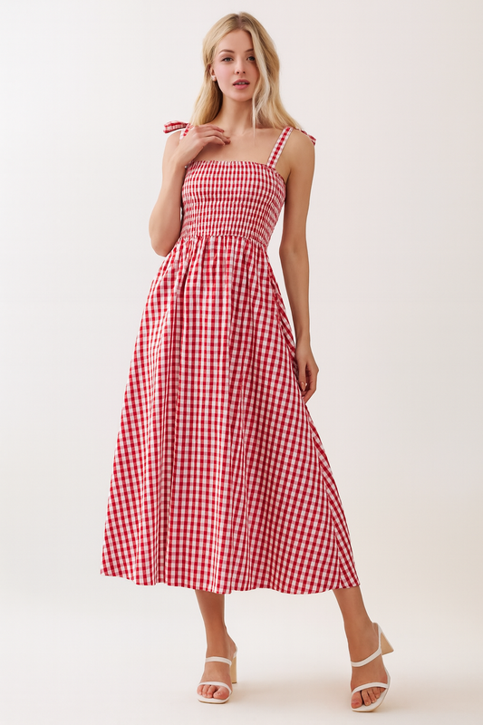 DA1637 Gingham Smocked Midi Dress with Tie Straps