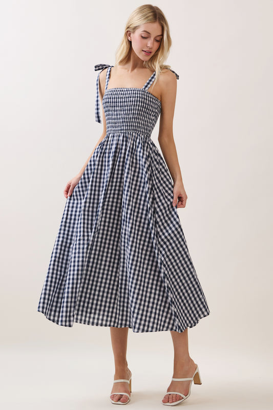 DA1637 Gingham Smocked Midi Dress with Tie Straps