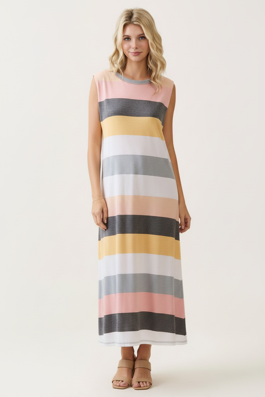 DA1642 Pastel Stripe Sleeveless Midi Dress