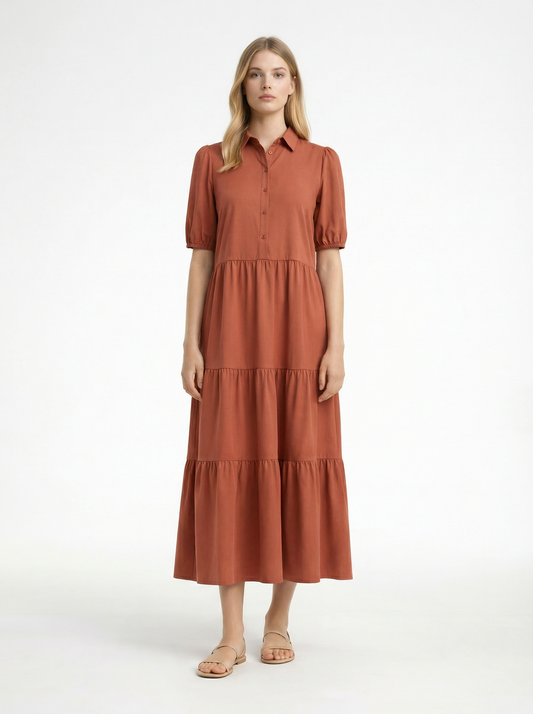 DA1643 Button-Front Tiered Midi Dress