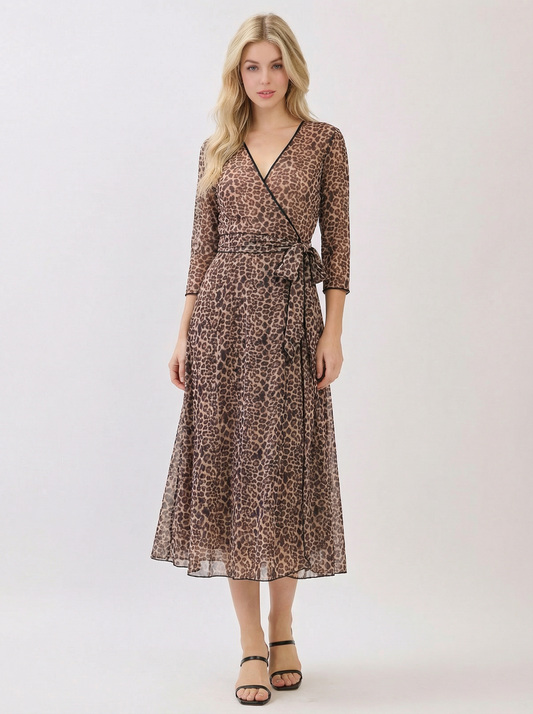 DA1647 Leopard Mesh Wrap Midi Dress