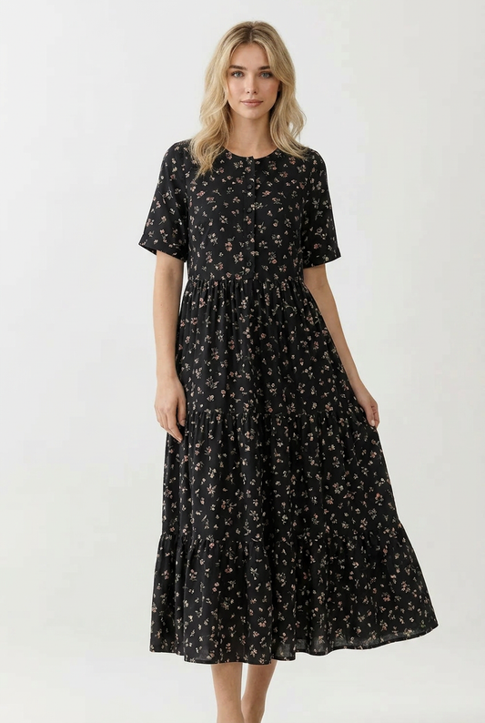 DA1657 Floral Tiered Midi Dress with Button Front