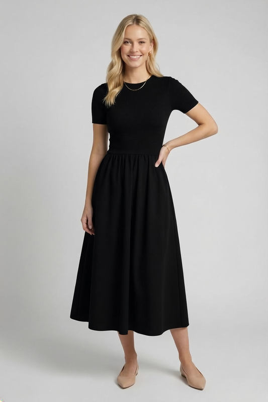 DA1658 Pleated Midi Dress with Solid Fitted Knit Top