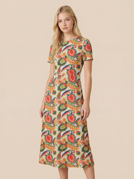 DA1641 Printed Midi Dress with Invisible Back Zipper