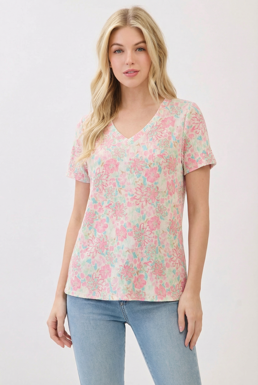 TA2449 Floral Ribbed V-Neck Short Sleeve Top