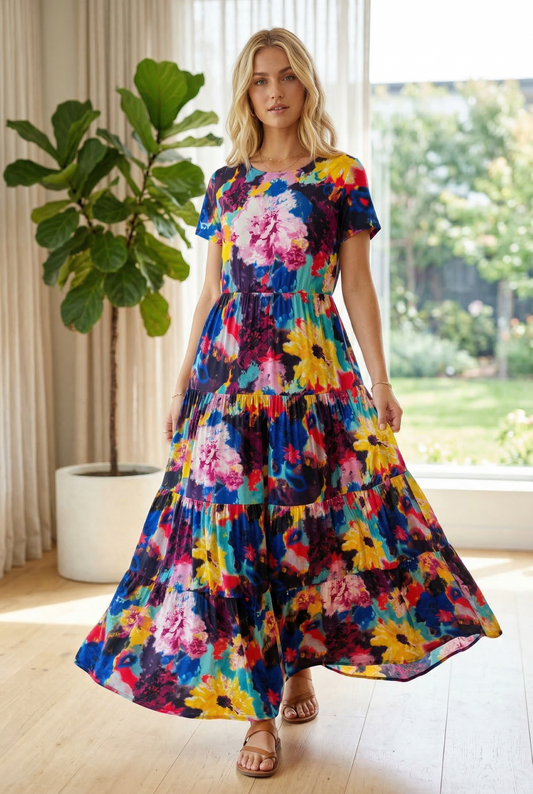 DA1651 Vibrant Floral Tiered Maxi Dress