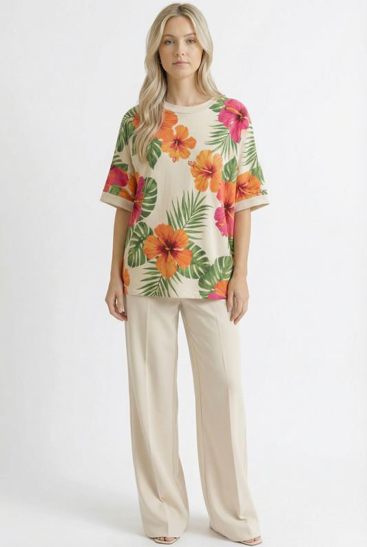 TA2485 Tropical Hibiscus Floral Print Boxy Tee