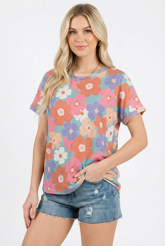 TA2467 Floral Print Rolled Sleeve Relaxed Fit Tee