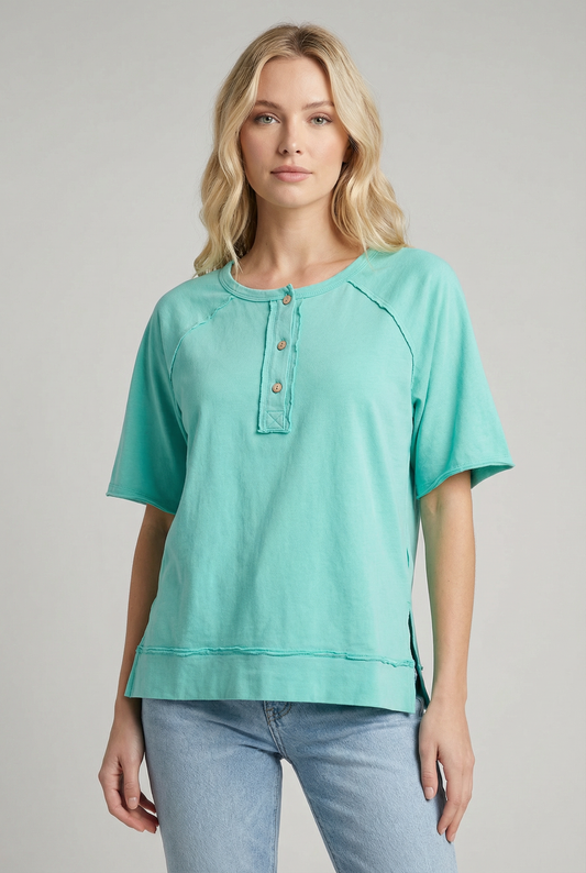 TA2494 Raw Seam Henley Short Sleeve Top