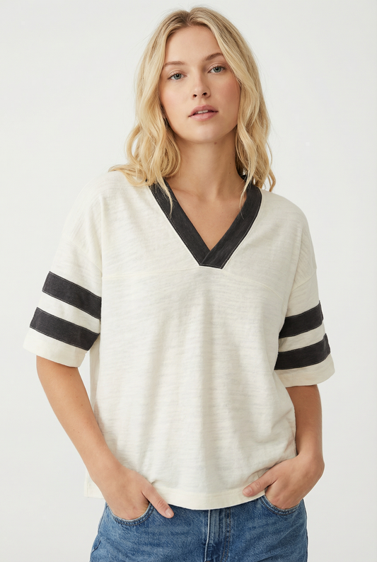 TA2474 Vintage Wash V-Neck Contrast Sleeve Top