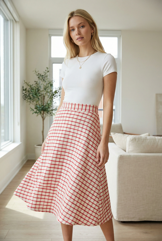 SA1061 Red Plaid Textured Flowy Midi Skirt