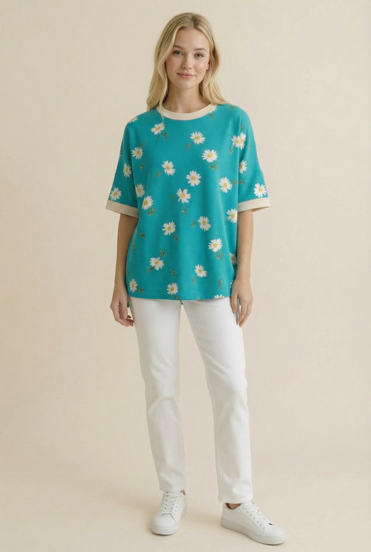 TA2488 Daisy Print Boxy Tee Top