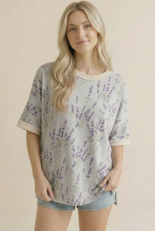 TA2486 Lavender Floral Print Boxy Tee