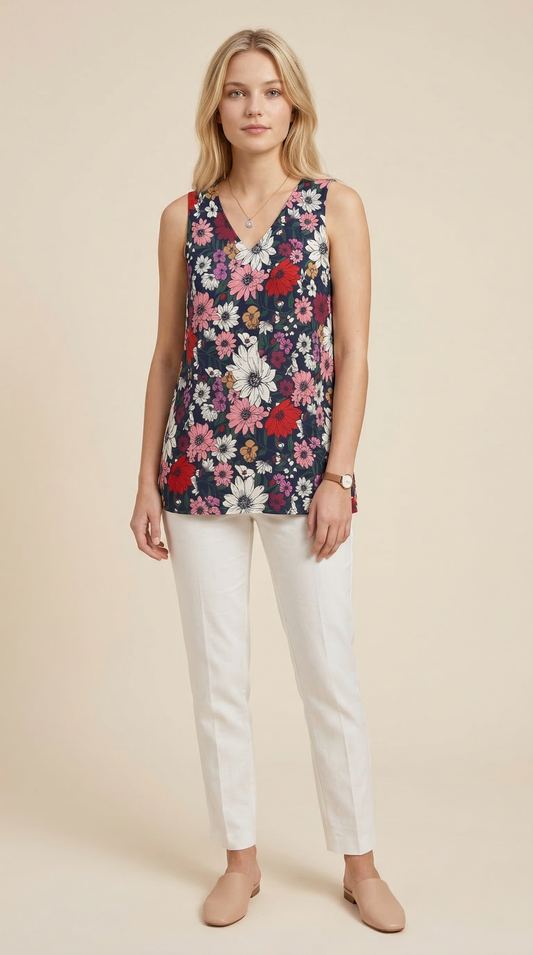 TA2503 Floral V-Neck Sleeveless Top
