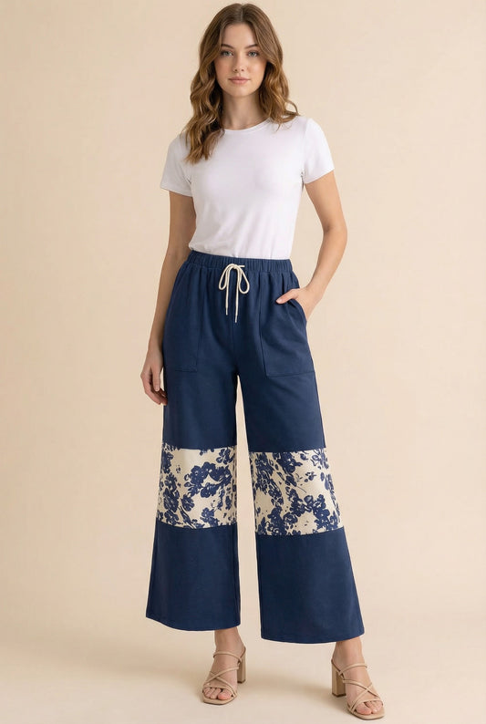 PA1198 Floral Patchwork Wide-Leg Drawstring Pants