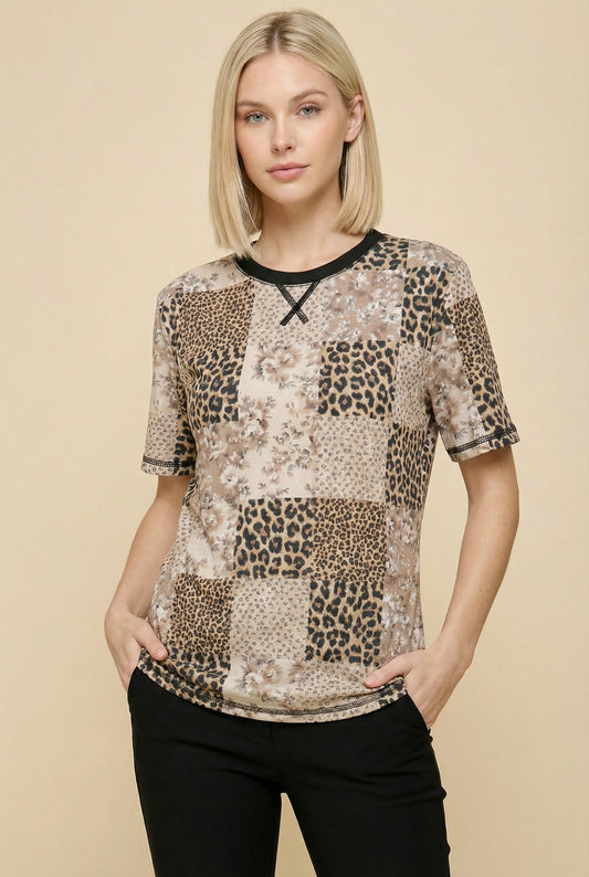 TA2490 Animal & Floral Patchwork Print Short Sleeve Tee Top