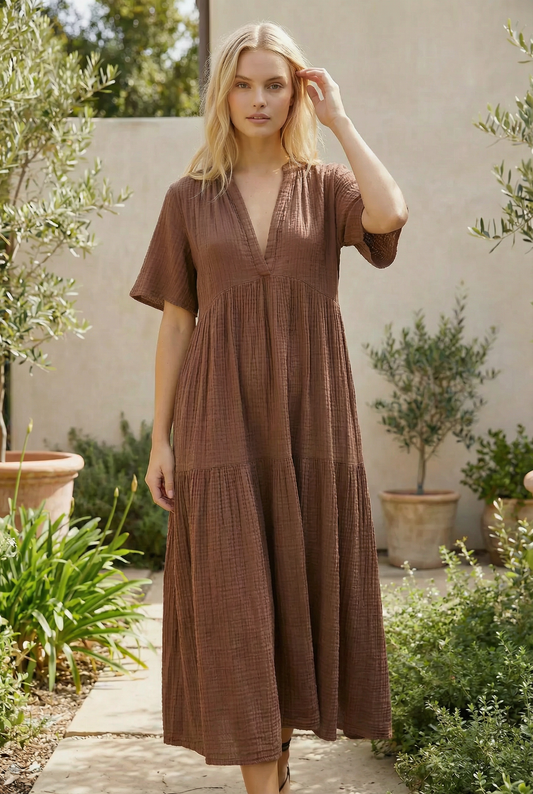 DA1649 Crinkle Gauze V-Neck Tiered Maxi Dress