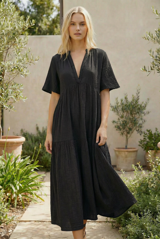 Crinkle Gauze V-Neck Tiered Maxi Dress