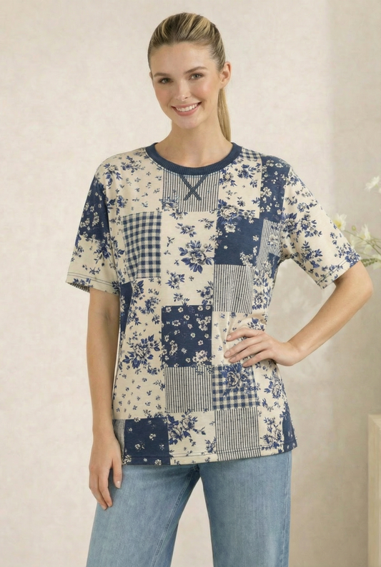 TA2489 Floral Patchwork Print Short Sleeve Tee Top