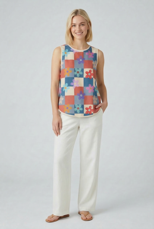 TA2505 Floral Checker Sleeveless Top