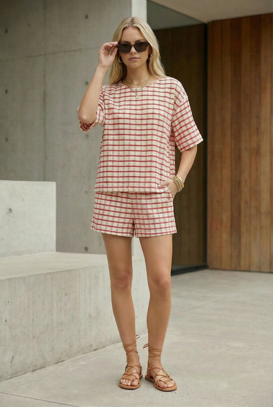 SET19 Textured Check Boxy Top & Elastic Waist Shorts 2-Piece Set