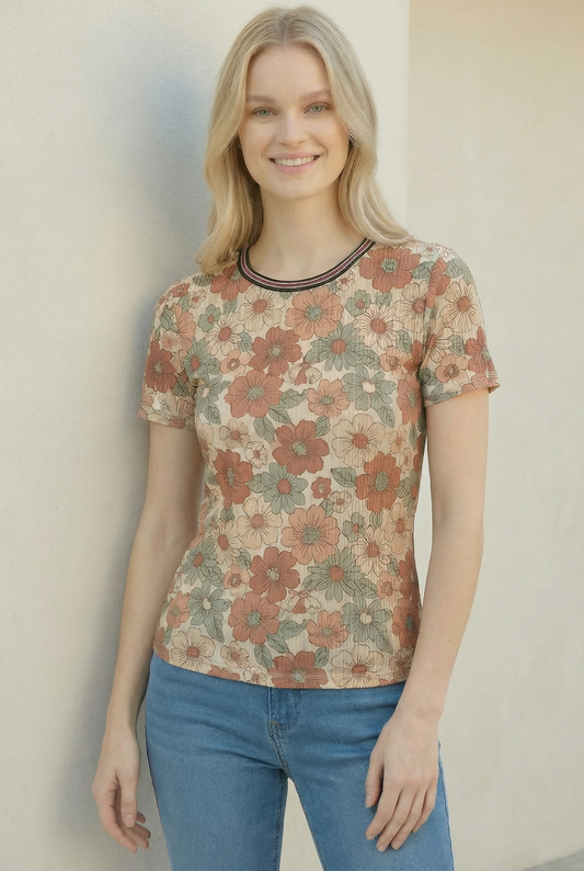 TA2468 Retro Floral Ribbed Contrast Trim Tee