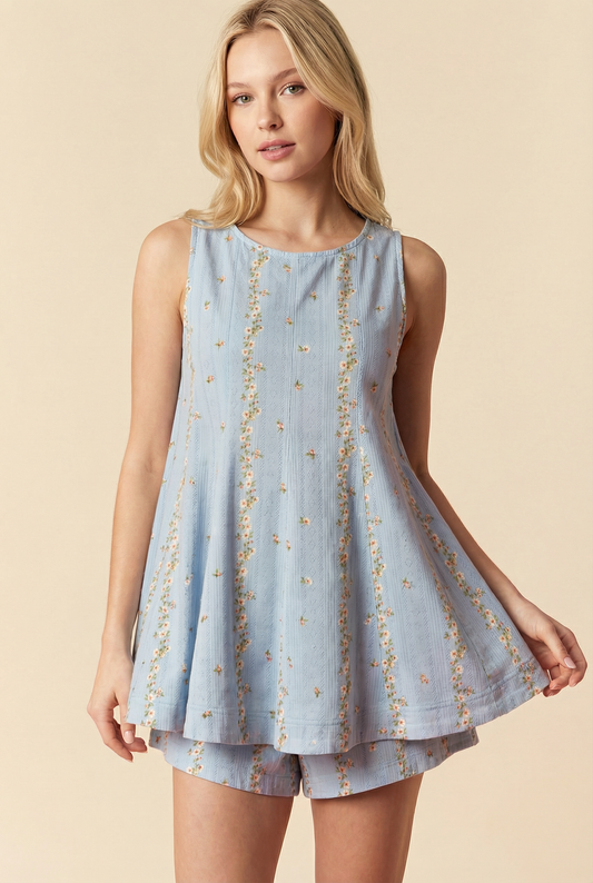 Floral Stripe Sleeveless Tunic & Shorts 2PC Set