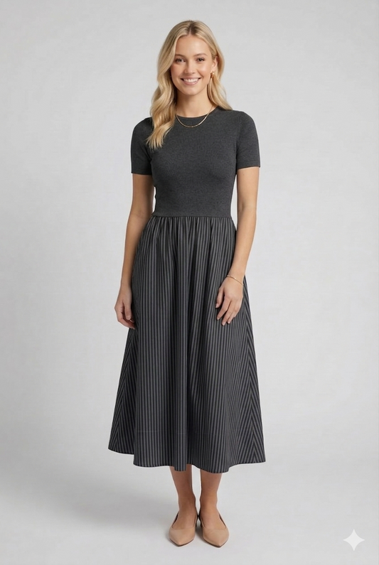 DA1652 Pleated Midi Dress with Fitted Knit Top