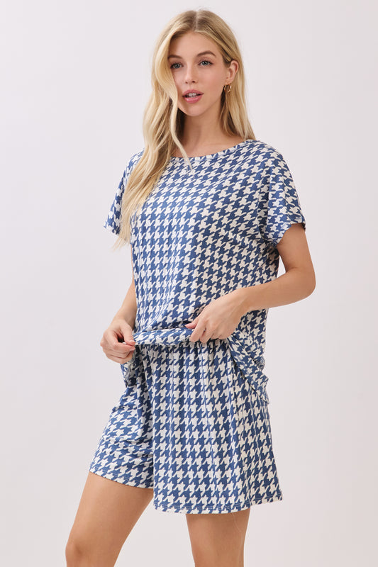 PA1156 Houndstooth Print Elastic-Waist Shorts