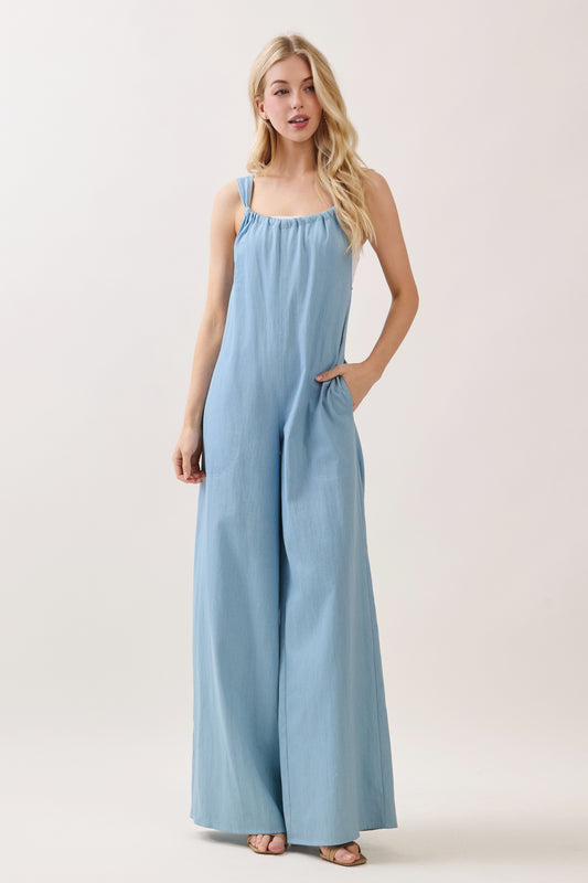 PA1164 Wide-Leg Tie-Back Chambray Jumpsuit