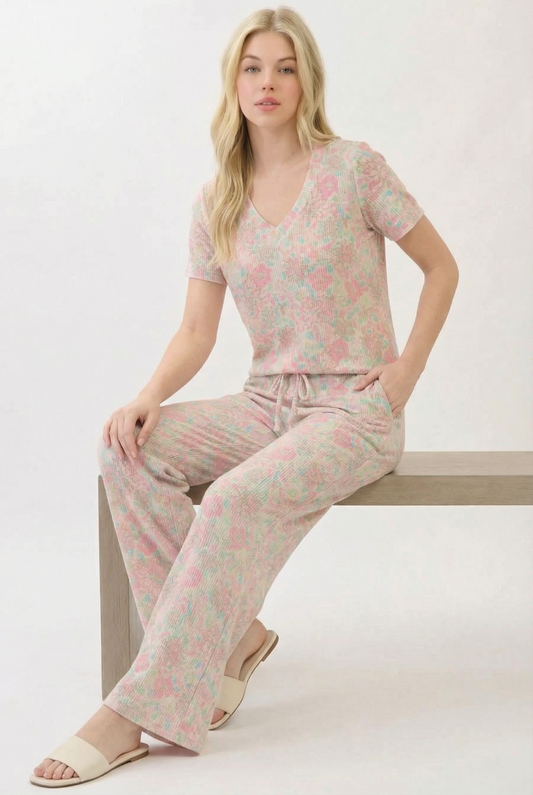 PA1189 Floral Ribbed Knit Wide-Leg Pants