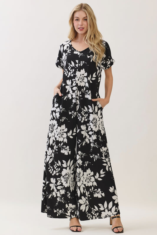 PA1191 Floral Wide-Leg Jumpsuit with Pockets