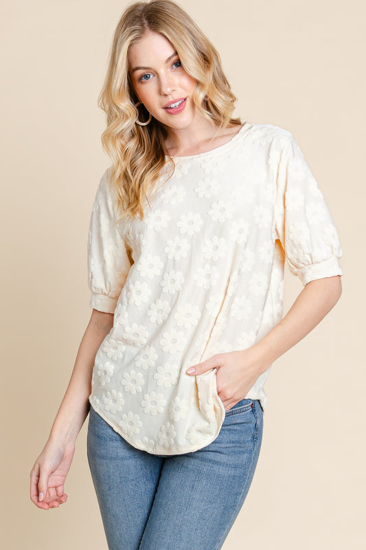 TA2174 Daisy Embroidered Puff Sleeve Top