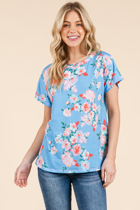 TA2358 Sky Blue Floral Garden Tee